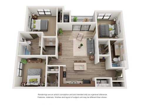 Floor plan for 3 beds, 2 baths, 1223 sqft